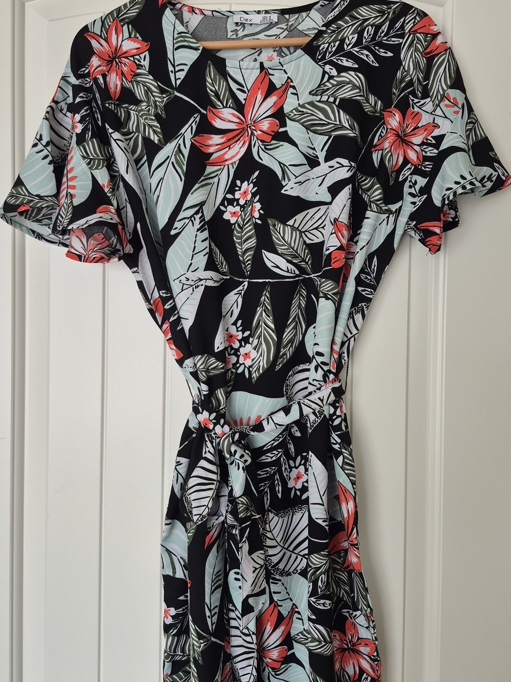 Dex Black Floral Tie-Waist Dress with Coral and Mint Accents